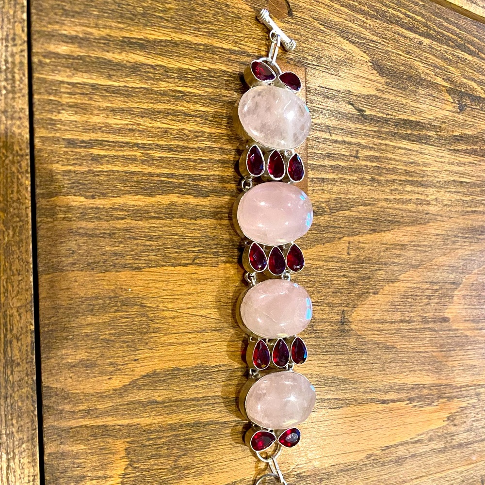 Silver plated rose quartz and garnet bracelet